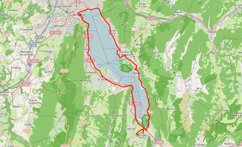 Carte du parcours du Marathon du Clair de Lune autour du lac d’Annecy